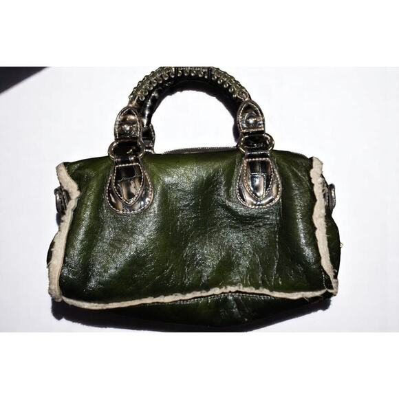 Vintage GUESS Olive Green Faux Leather Shearling Handbag | Y2K Croc Trim Logo - Picture 5 of 15